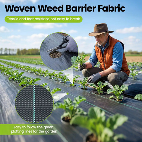 Farmer installing Heavy Duty 13x65ft Driveway Fabric 5.2oz Commercial Weed Barrier Landscape Geotextile in a field.