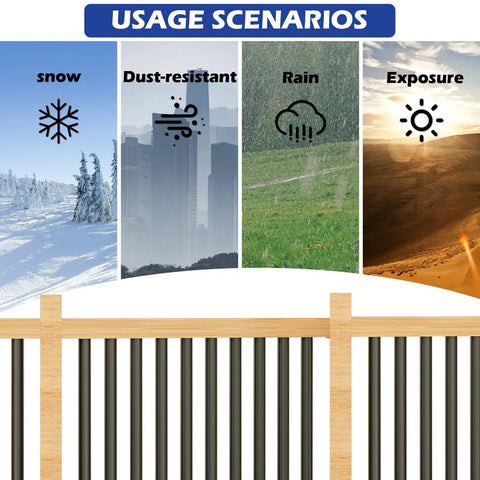 Usage scenarios for 50 Pack 36 Inch Aluminum Deck Balusters Round Black Metal Spindles showing weather resistance.