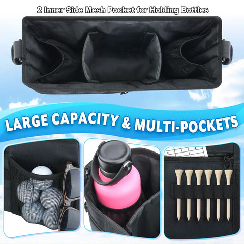Ultimate Golf Cart Organizer Bag with Drink Holders showing compartments for balls, tees, and bottles. Large capacity design.