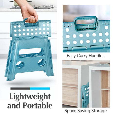 Foldable Step Stool For Home Use, Lightweight And Built Tough With 300 Lb Capacity, One Flip Open Design, in teal with handle