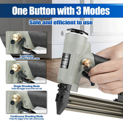 Person holding Heavy Duty Pneumatic Brad Nailer With Eighteen Gauge Nails From Three Eighths To One And A Quarter Inch Continuous Firing