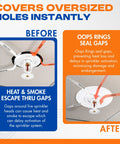 Fire Sprinkler Escutcheon Quick Patch That Nails Your Oversized Ceiling Cutouts Zero Drywall Drama With A Sturdy Steel Trim Ring To Hide Recessed Heads On Wall Or Ceiling Projects In White before and after sealing gaps in the ceiling.