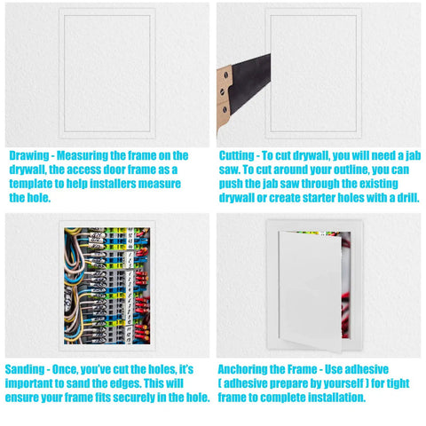 Drawing and installation steps for Eight By Twelve Inch White Plastic Drywall Access Panel For Ceilings Plumbing And Walls Uv Resistant Styrene Build No Sweat Diy Install Snap Lock Design Heavy Duty Real Deal Protection.