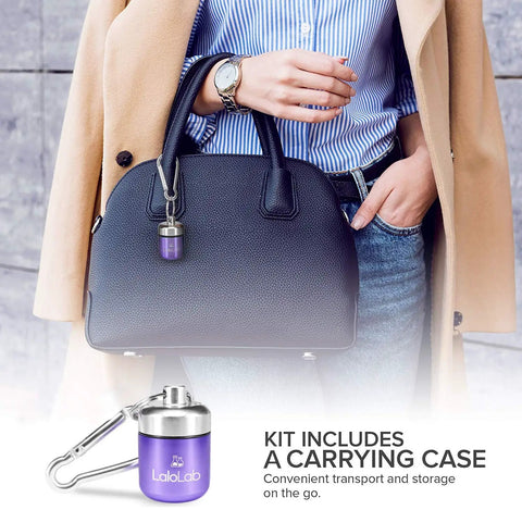 Woman holding purse with attached purple carrying case for Two Sizes Sleep Ear Plugs For Snoring And Travel, Comfortable Reusable Noise Cancelling Earplugs.