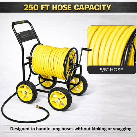Heavy Duty Hose Reel Cart With Wheels Capacity Up To Two Hundred Fifty Feet Of Five Eighth Inch Hose in garden setting