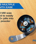 Effortless Pill Crusher For Multiple Tablets Metal Grinder And Tablet Pulverizer shown with tablets inside open crusher.