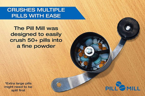 Effortless Pill Crusher For Multiple Tablets Metal Grinder And Tablet Pulverizer shown with tablets inside open crusher.