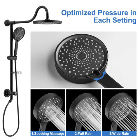 9 Inch Rainfall Shower Head And Handheld Combo System With Slide Bar In Matte Black, No Fuss 30 Minute Install, detail view