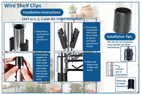 1 Inch Post Wire Shelf Clips Set installation guide with images showing easy no tools installation process and clip details.