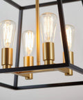 Close-up of Carter Square 4 Light Pendant Light Fixture in Steel with Black and Gold Finish Fully Dimmable with Adjustable Rods.