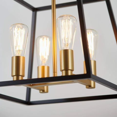 Close-up of Carter Square 4 Light Pendant Light Fixture in Steel with Black and Gold Finish Fully Dimmable with Adjustable Rods.