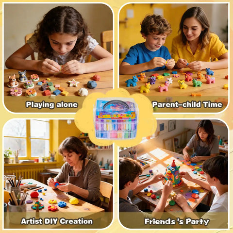 Collage of kids and adults using 60 Color Polymer Clay Starter Kit for creative art projects.