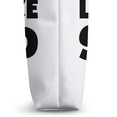 Side view of Lead Stroke Squad Dragon Boat Tote Bag For Paddlers And Coaches Lightweight 16 By 16 Inch Carryall showing white fabric and stitching.