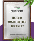 Certificate from EcoHeal tested by Amazon certified lab, framed with green leaves around.