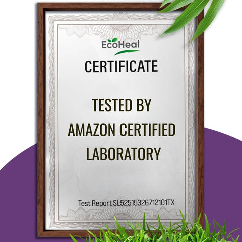 Certificate from EcoHeal tested by Amazon certified lab, framed with green leaves around.