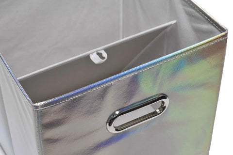 Open view of Six Pack Foldable Cube Storage Bins Set in Shiny Silver showing polypropylene handle and cardboard support