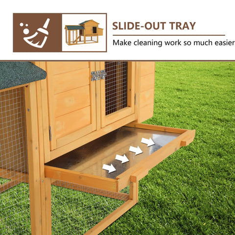 Slide-out tray detail of 66 Inch Wooden Chicken Coop Indoor Outdoor For 2 To 4 Hens Weatherproof Hen House Hangout