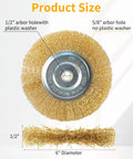 Six Inch Brass Wire Wheel For Bench Grinder With Half Inch And Five Eighth Inch Arbor, Fine Crimped Wire Brush, Product Size Diagram