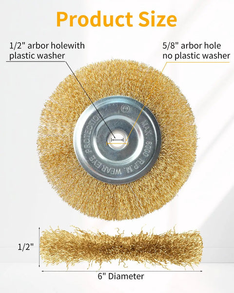 Six Inch Brass Wire Wheel For Bench Grinder With Half Inch And Five Eighth Inch Arbor, Fine Crimped Wire Brush, Product Size Diagram