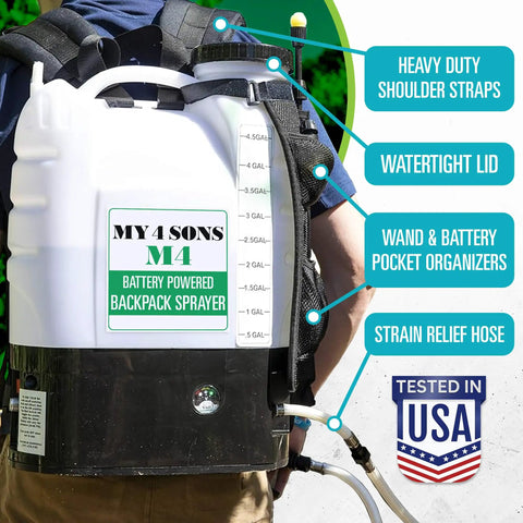 Person wearing 4-Gallon Backpack Sprayer For Lawn And Garden, Battery Powered Electric Sprayer With Long Range Spray, Portable