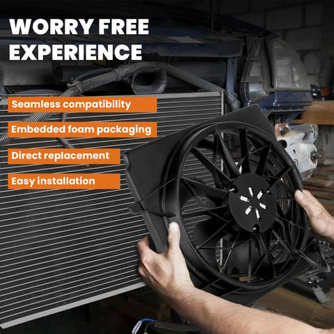 Straight Bolt On Tough Built AC Condenser Radiator Cooling Fan Assembly Compatible With 2005 To 2011 Lincoln Town Car Mercury Grand Marquis And 2006 To 2011 Ford Crown Victoria being installed.
