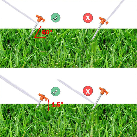 Heavy Duty Tent Stakes 20 Pack 9.75 Inch Ground Pegs Durable Galvanized Iron Stakes shown in grass with correct angle guidance.