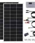 Kickass 200 Watt Solar Panel Starter Kit For 12V And 24V Systems Boasts Top Tier Perc Monocrystalline Cells, includes panels, controller, and accessories.