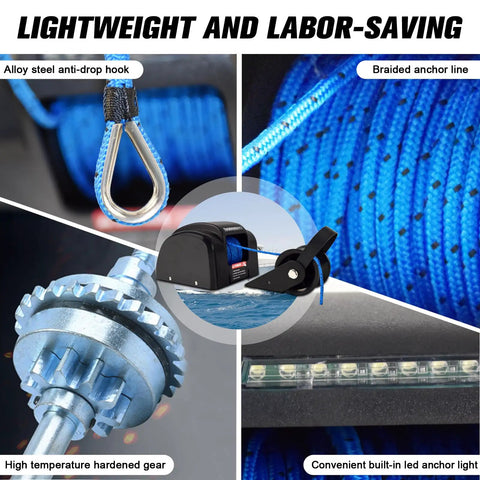 45 Lb Electric Boat Anchor Winch For Saltwater Boats With Wireless Remote, 98.42 Ft Pre Wound Rope, 12V Marine Windlass, Tough As Nails Heavy Duty Copper Motor, Fast Hoist, Sturdy Black Finish with braided line and alloy steel hook