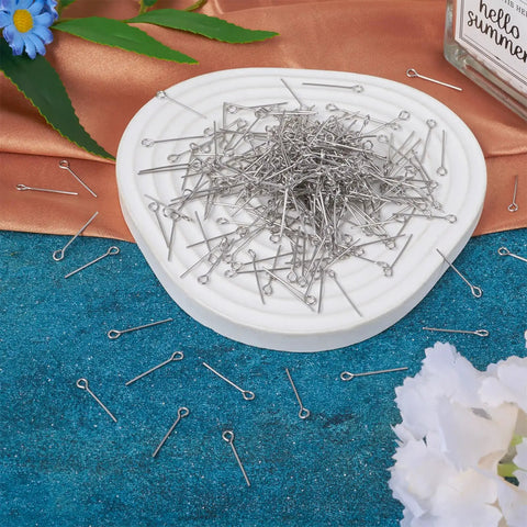 Stainless Steel Eye Pins For Jewelry Making, 1000 Pcs 21 Gauge Open Eye Pins 3/4 Inch 20mm, Durable 304 Stainless Steel Bulk Pack For Earrings, Pendants, And Bead Projects on plate