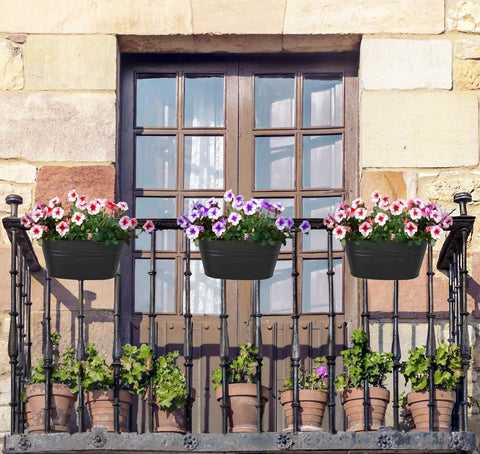 Three Pack 10.5 Inch Hanging Flower Pots For Railings And Fences, Metal Wall Planters With Drainage Holes and hooks, black