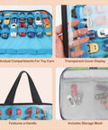 Double Sided 56 Slot Car Storage Case With Foldable Play Mat for 1:64 scale cars, clear view, handle, storage mesh compartments