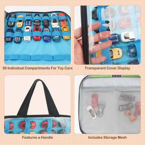 Double Sided 56 Slot Car Storage Case With Foldable Play Mat for 1:64 scale cars, clear view, handle, storage mesh compartments