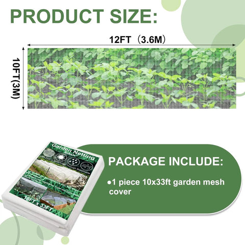 Raised Bed Garden Netting 10 Ft By 33 Ft Ultra Fine Mesh Mosquito Barrier for Pests with package and size dimensions shown