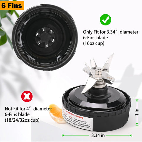 Replacement 16 Oz Blender Cup Set With Six Fin Blade Assembly For Personal Blenders showing blade and cup compatibility