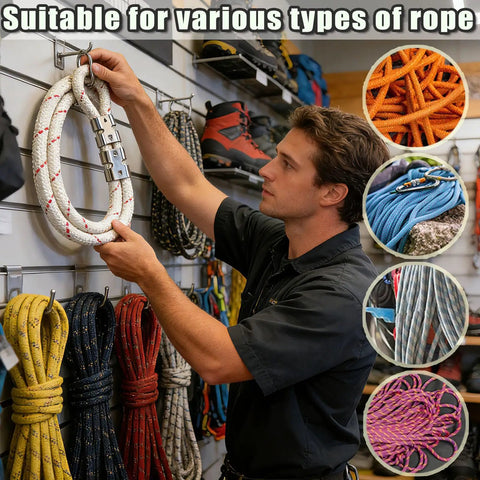 Man arranging ropes on display with Six Pack 304 Stainless Steel Rope Clamps With Thimble Fittings visible, suitable for various ropes.