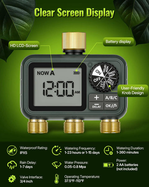 Brass Sprinkler Timer With Swivel 3 Outlet Go To Digital Irrigation System Kit Showing Clear LCD and Control Knob