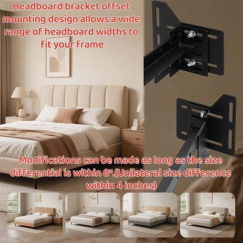 Heavy Duty 2 Pack Full To Queen Bed Conversion Kit With Sturdy Steel Headboard Brackets For Metal Frames shown mounted on a bed.