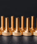 Top Shelf Brass Knurled Thumb Screws Ten Pack One Quarter Twenty Thread Three Quarter Inch Length, 10 shiny gold screws aligned.