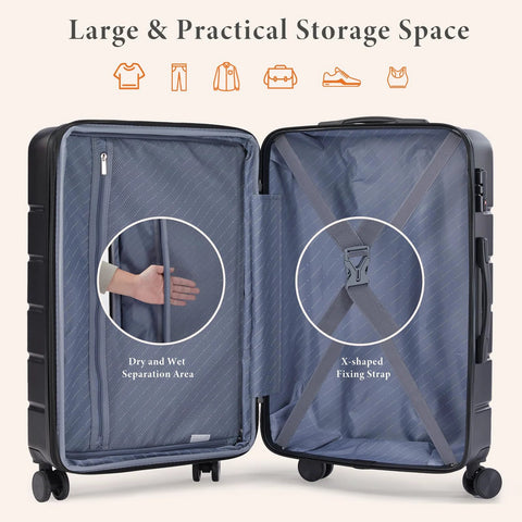 Open view of lightweight spinner carry on luggage with organized compartments and expandable storage space.