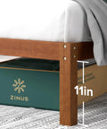 Full Size Bamboo Platform Bed Frame With Sleek Slatted Headboard showing 11in leg height and storage drawer underneath.
