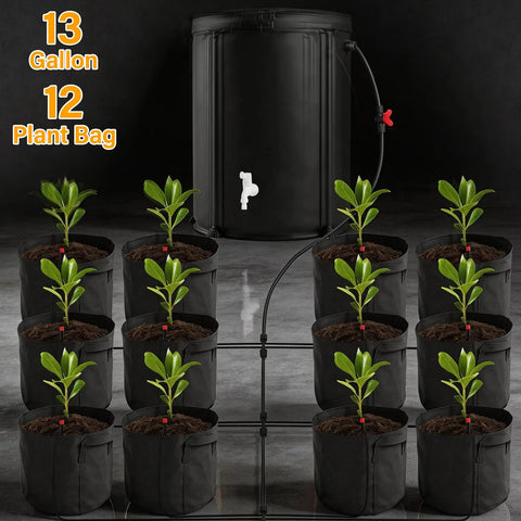 Auto Drip Irrigation System Kit With 13 Gallon Foldable Bucket And 25W Water Pump setup with 12 plant bags indoors