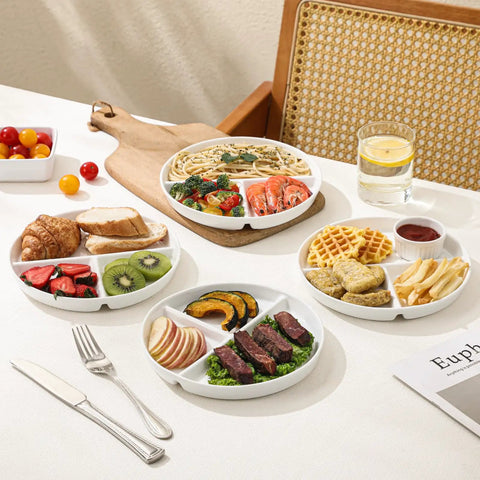 Ten Inch Ceramic Divided Plates Set Of Four With Three Compartments For Balanced Meals Portion Control For Adults And Kids