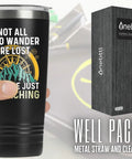 Hand holding Geocaching Gift Tumbler For Adventurers 20 Oz Stainless Steel Insulated Tumbler With Lid And Straw with package