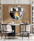 Dining room with Three Light Modern Pendant Chandelier With Glass Shades In Brushed Nickel For Dining Room Living Room Kitchen Island Farmhouse Style Hanging Light Fixture above table.