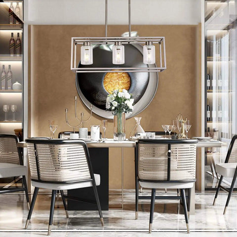 Dining room with Three Light Modern Pendant Chandelier With Glass Shades In Brushed Nickel For Dining Room Living Room Kitchen Island Farmhouse Style Hanging Light Fixture above table.