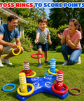 Family playing with Two-In-One Inflatable Pool Game Center With Giant Floating Tic Tac Toe And Cross Ring Toss Epic Water Fun for Kids Teens And Adults The Ultimate Summer Backyard Pool Party Toy Set on lawn.