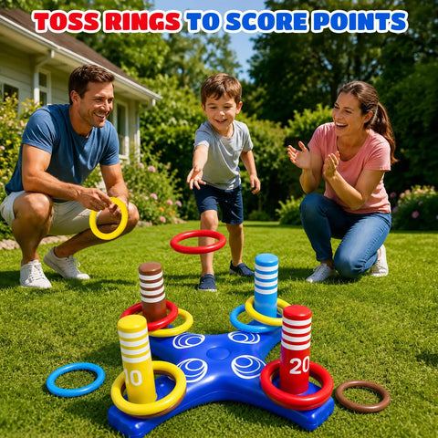 Family playing with Two-In-One Inflatable Pool Game Center With Giant Floating Tic Tac Toe And Cross Ring Toss Epic Water Fun for Kids Teens And Adults The Ultimate Summer Backyard Pool Party Toy Set on lawn.
