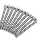 Badass Heavy Duty 10-24 X 2 Inch Hex Socket Head Cap Screws Built Tough With 304 Stainless Steel Polished Finish in a row.