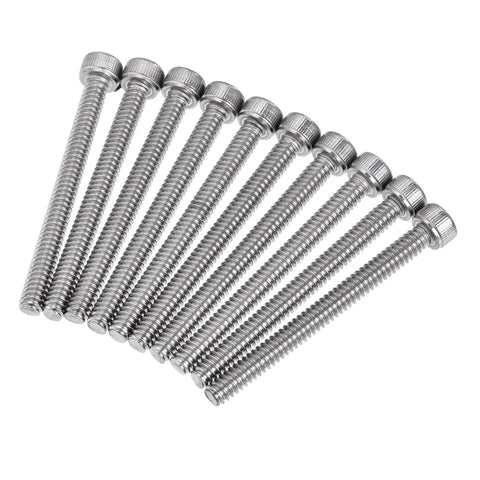 Badass Heavy Duty 10-24 X 2 Inch Hex Socket Head Cap Screws Built Tough With 304 Stainless Steel Polished Finish in a row.