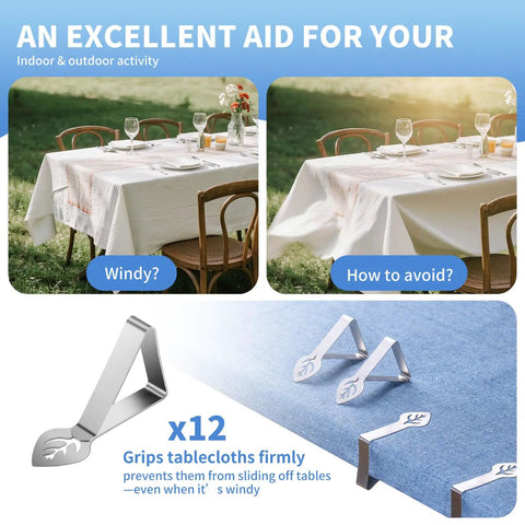 Heavy Duty Stainless Steel Tablecloth Clips 12 Pack Windproof Tablecloth Holders For Outdoor Tables Ideal For Restaurants Parties Weddings And Camping Rust Resistant Clips securing tablecloth.